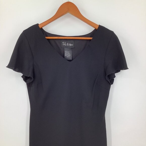 SL Fashions Women's Black Dress Size 12 Flutter Sleeve Sheath Midi - Picture 3 of 6